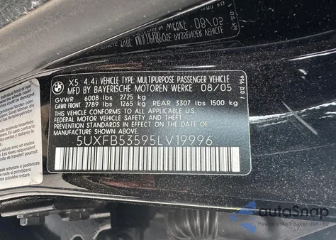 2005 BMW X5 4.4I z USA, uszkodzony, nr VIN 5UXFB53595LV19996